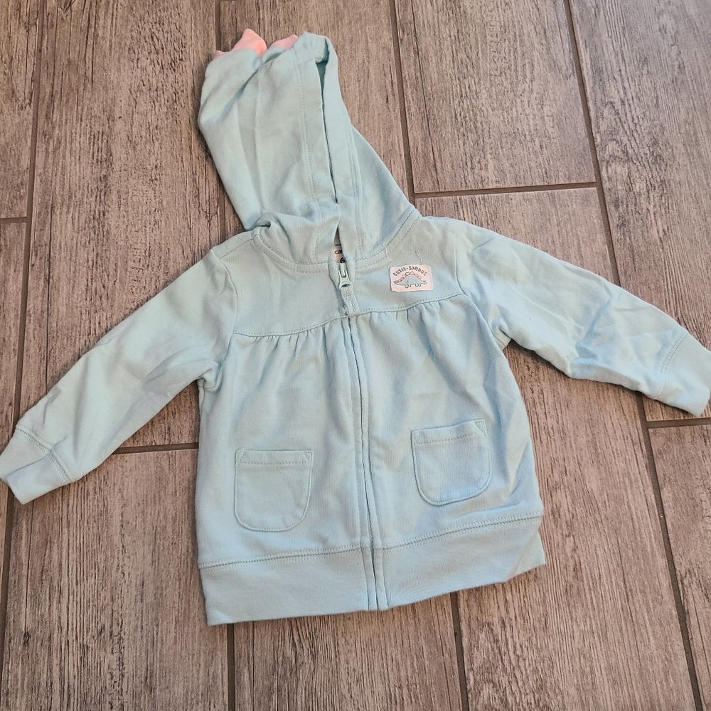 Carter's baby girl zippered sweater jacket with dinosaur hood light blue size 6M